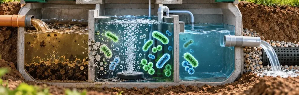 Rez biologickou čistiarňou odpadových vôd s baktériami v komorách